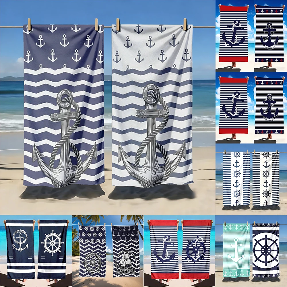 2pcs Nautical Anchor & Ship Wheel Quick Dry Beach Towels, Oversized Coastal Themed Bath Towels for Summer Vacation