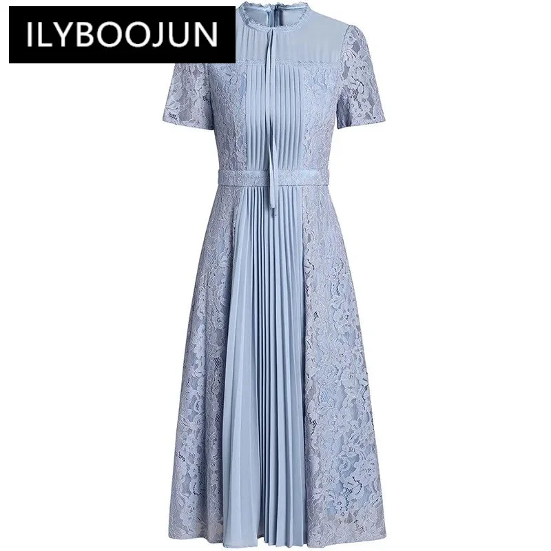 

ILYBOOJUN Fashion Women's New Summer Short-Sleeved Lace-Up Patchwork Elegant Embroidered Office Lady A-Line Pleated MIDI Dress