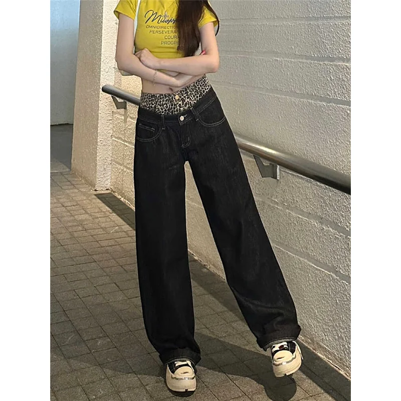 High Waist Leopard Pattern Splicing Women Jeans Hip-hop Style Fashion Vintage Streetwear Y2K Wide Leg Trouser Baggy Denim Pants