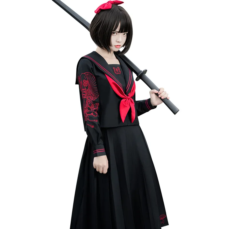 Uniforme giapponese coreana ortodossa Jk ricamata gonna lunga bianca nera cattiva ragazza abito da marinaio abito da laurea set completo per le donne