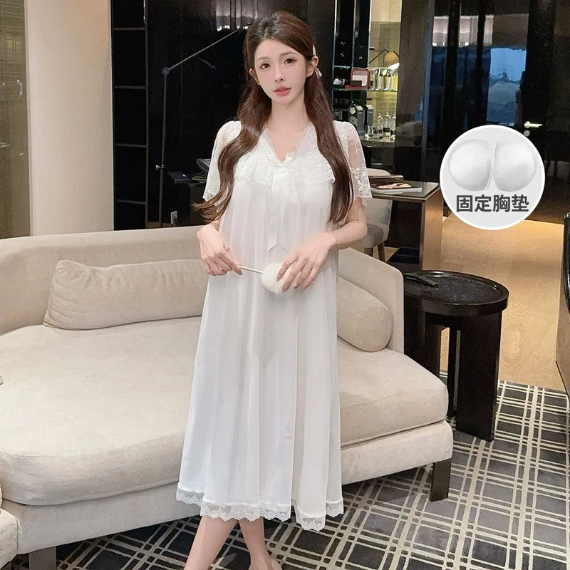 2026 Summer Short Sleeve Cotton Sexy Lace V-neck Lingerie Nightgowns for Women Cute Sleepwear Night Dress Nightdress Home Nighty 6