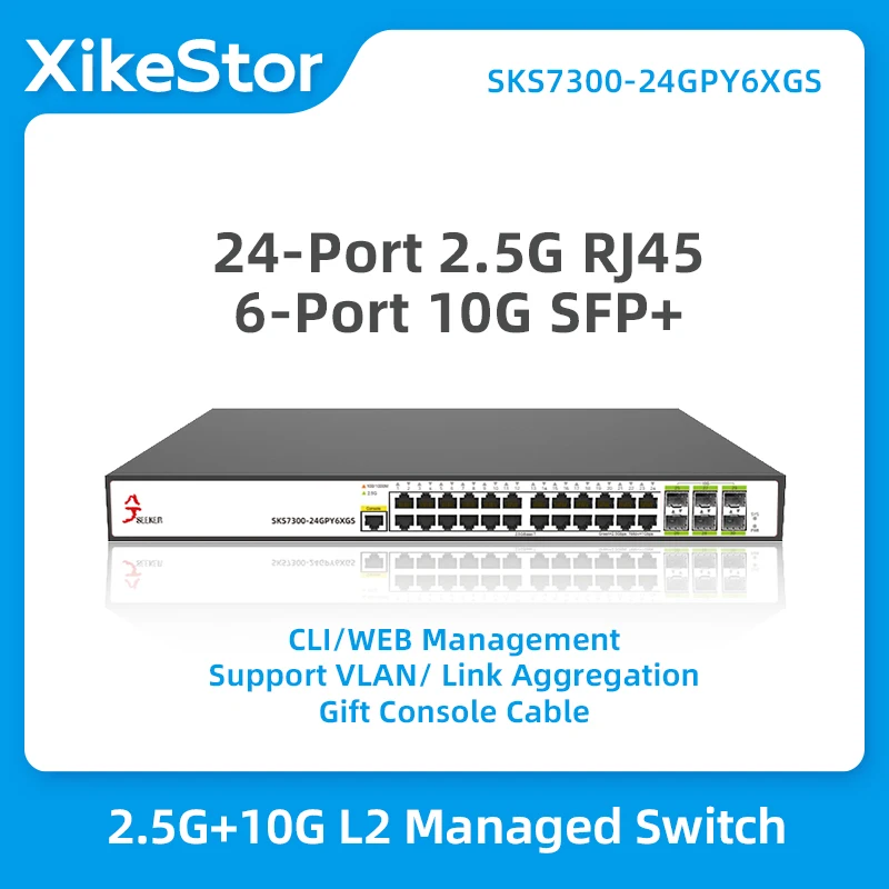 XikeStor L2 Managed 2.5g Switch 24-Port RJ45 6-Port 10GB Optical Ethernet Internet Splitter Vlan Port Aggregation WEB/CLI Manage