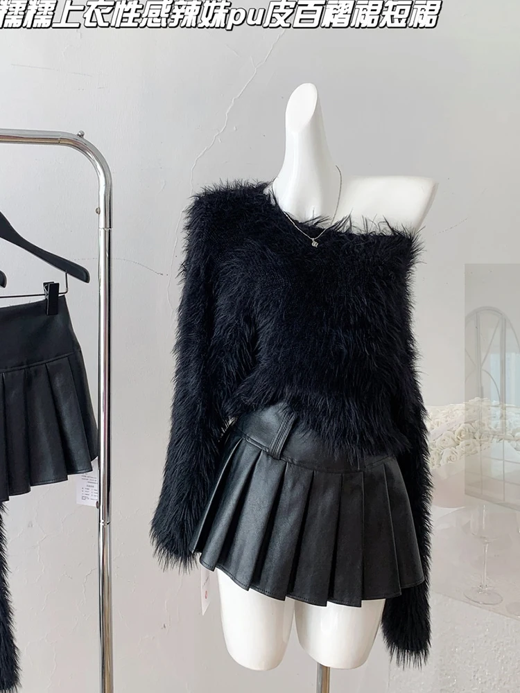 Winter Women Shoujo Girl 2000s Dark Academia Y2k Outfits 2 Piece Set Long Sleeve Fluffy Crop Tops + Gyaru Mini Pleated Skirt New