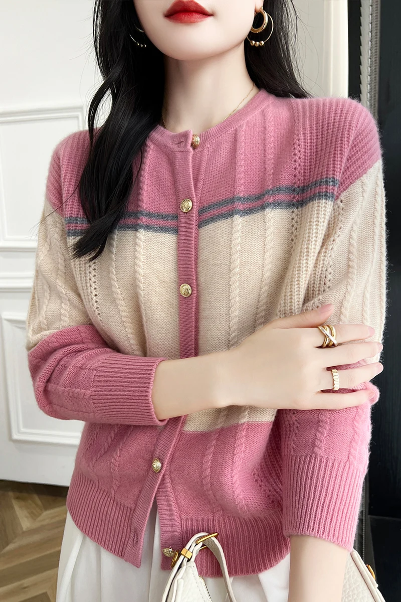 Color blocking round neck 100% wool autumn and winter new style elegant knitted cardigan small fragrant style versatile top