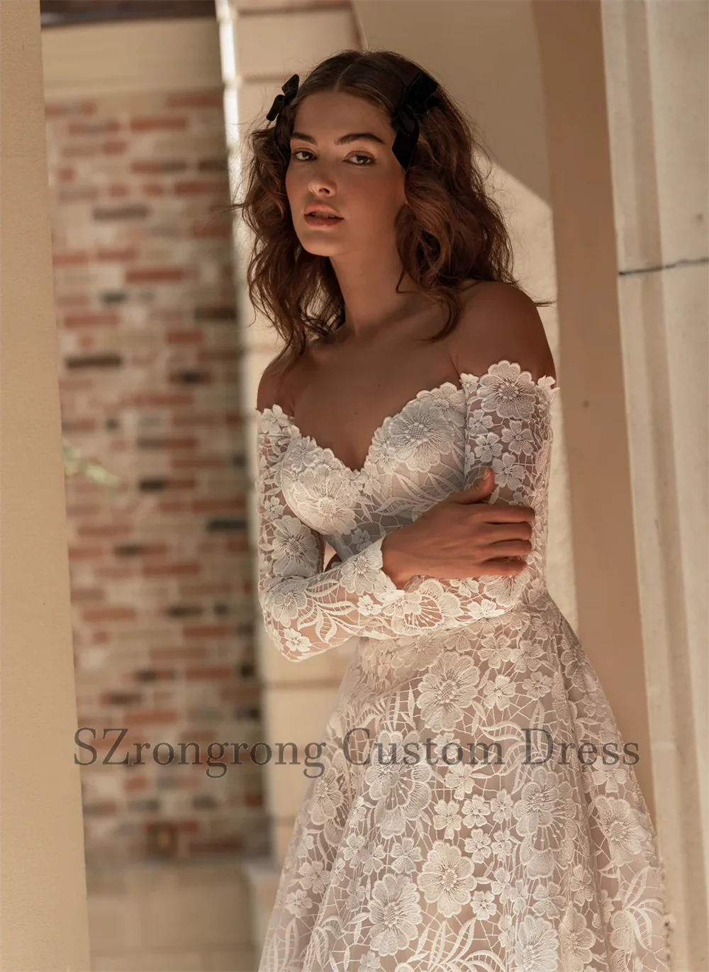 Robes de gala Boho épaules dénudées dentelle princesse robe de mariée dos nu longueur de plancher plage robe de mariée avec Train sur mesure