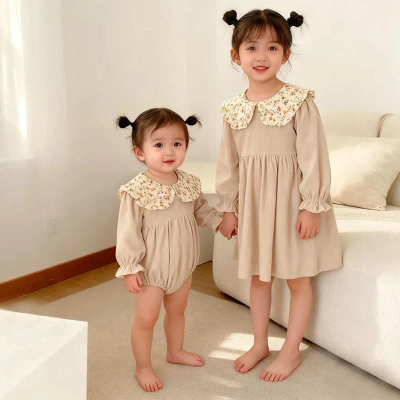 Neue Herbst Kinder Kleidung Schwestern Mädchen Party Prinzessin Kleid Cord Blume Kragen Kleid Baby Mädchen Strampler Kinder Schwestern Kleider