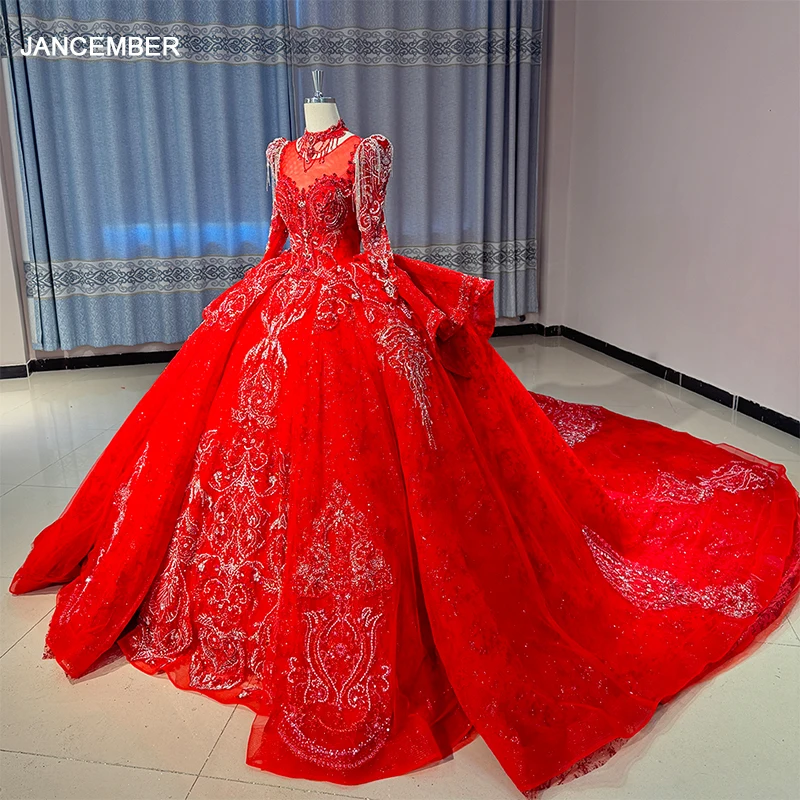 Vestido de fiesta de diseño Popular de manga larga personalizado, vestidos de novia rojos 2026 con cuello redondo, vestido de novia de princesa con gradas