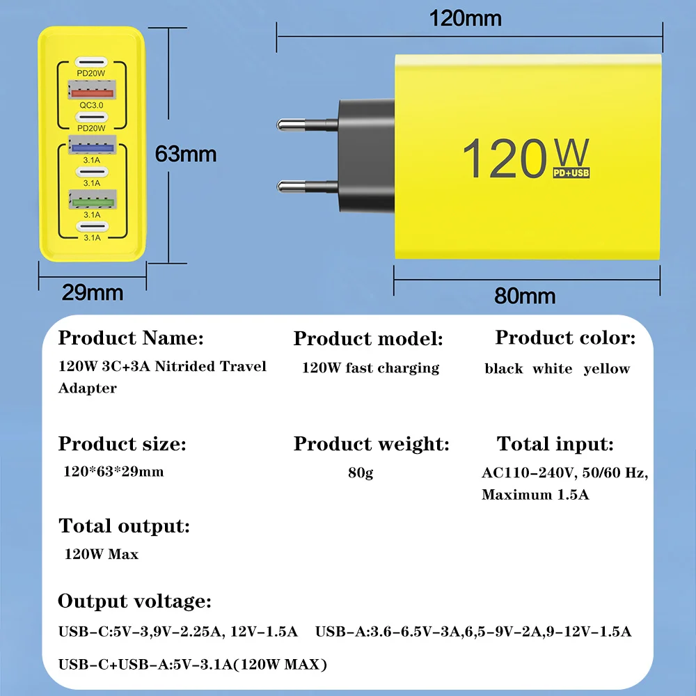 شاحن USB C 120 واط متعدد المنافذ شحن سريع نوع C شاحن طاقة الهاتف آيفون سامسونج شاومي هواوي الاتحاد الأوروبي/الولايات المتحدة التوصيل شاحن الحائط