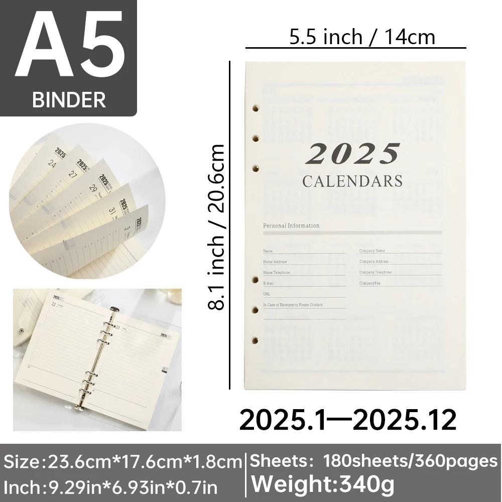 

2025 A5 Loose Leaf Notebook Refill Spiral Binder Inner Page Weekly Monthly To Do Line Inside Paper Stationery