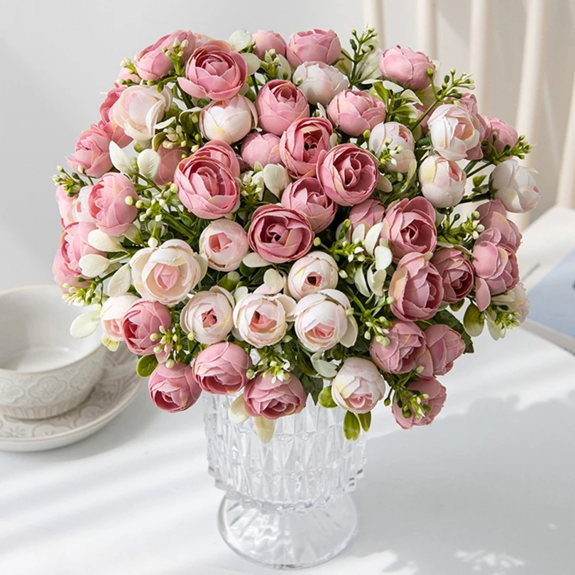 

1PC 15 Heads Silk Rose Small Tea Bud Wedding Outdoor Party Home Floral Hot Sale Colorful Christmas Decorative Artificial Flowers