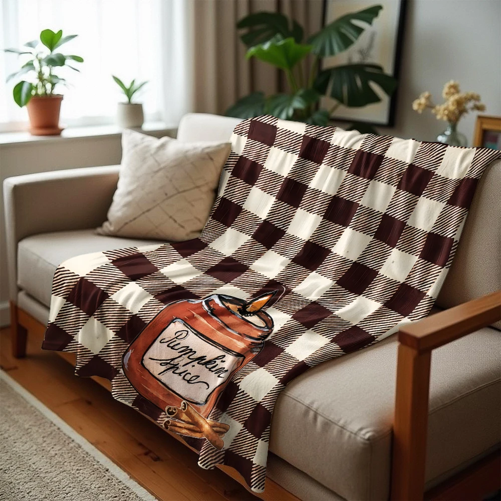 Brown Gingham Pumpkin Spice Anime Cartoon Flannel Blanket Soft Warm Throw for Bedroom Sofa Car Kids Holiday Gift