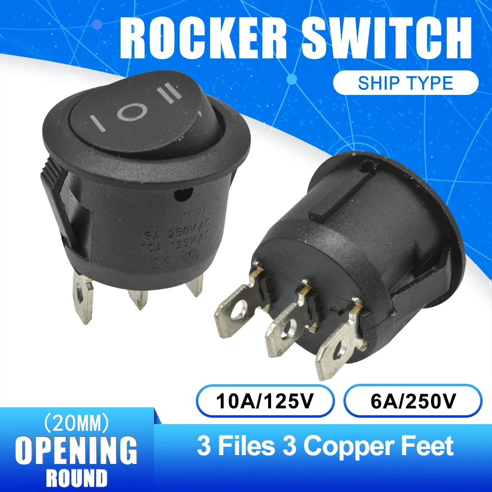 250V 6A ON/OFF Round Rocker Switch MINI Toggle Switch 3 Pin 20MM SPST Push Button Switch for Auto Car RV Boat