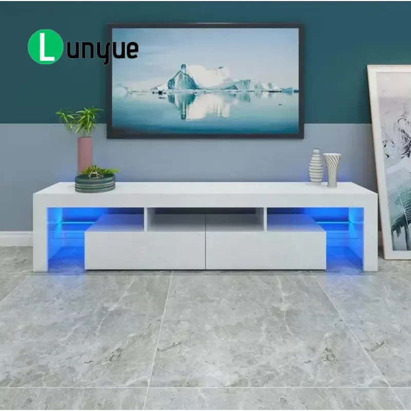 Modern Glossy TV Cabinet with RGB LED Lights 2 Drawers Storage Locker for Living Room Home Entertainment Center Furniture