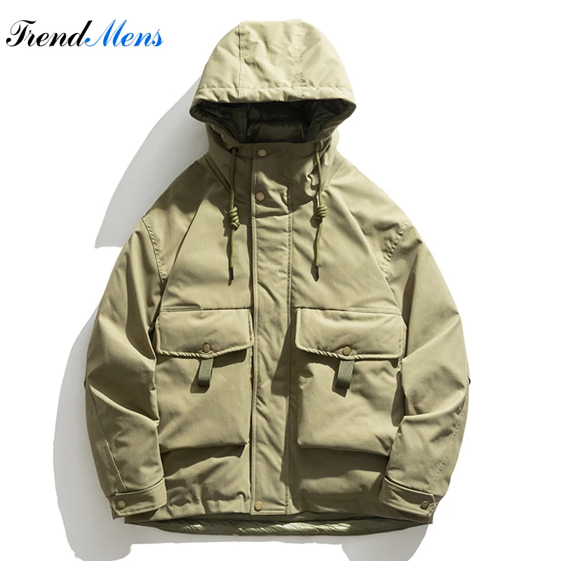 

2023 Winter Men Hip Hop Big Pocket Hooded Down Jacket Casual Loose Solid color Zipper Windbreak Tooling Down Parka Unisex