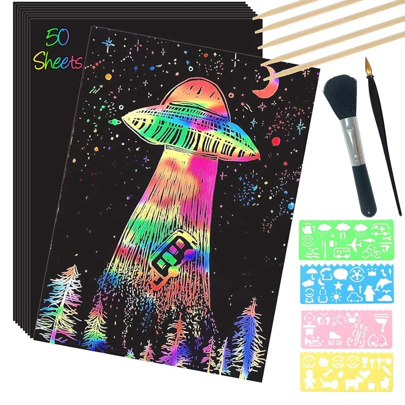 Scratch Paper Art Set,50 Sheets 8X11in Rainbow Coated Scratchboard Large Scratch Paper With Wooden Styluses And Stencils