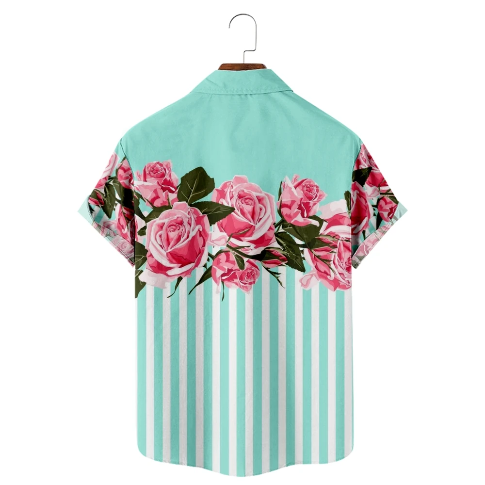 2022 new men's casual breathable short sleeve top fashion Lapel men's shirt Hawaii with beach Romantic Rose No. 2