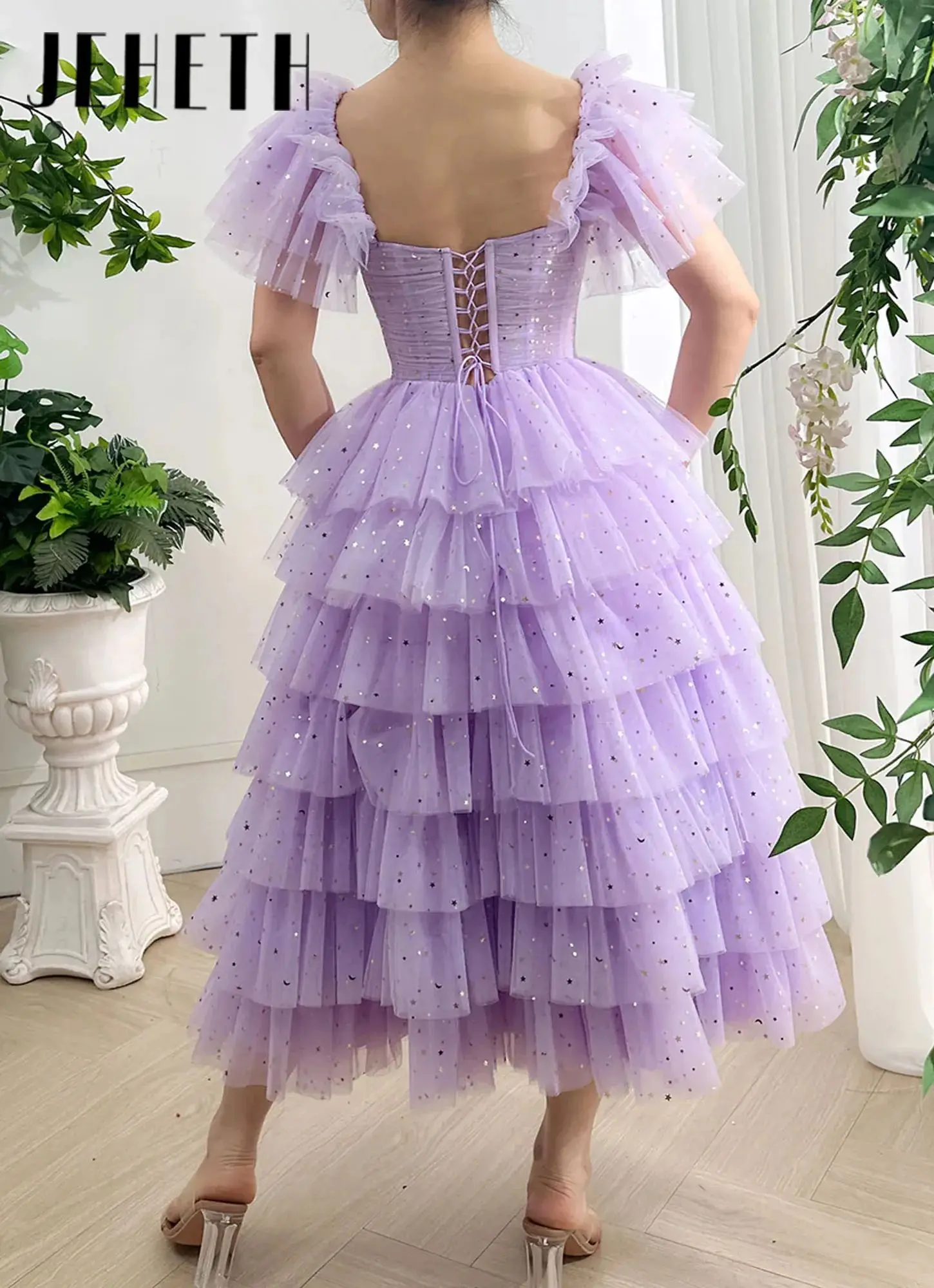 Illusie lieverd ster off-shoulder korset galajurk met gelaagde elegante theelengte vetersluiting formele gelegenheidsjurk op maat