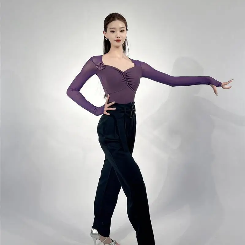 

customized Latin dance outfit floral long sleeved top high waisted straight leg pants chacha samba tango women's practice outfit