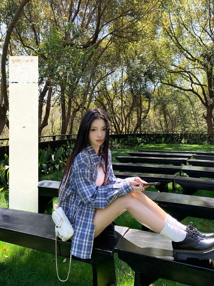 

Blue Plaid Long Sve Women's irt Loose Sun Protection Spring Wind Micro Ripples Yuzu Qi Lazy Feeling Commute Sle irt