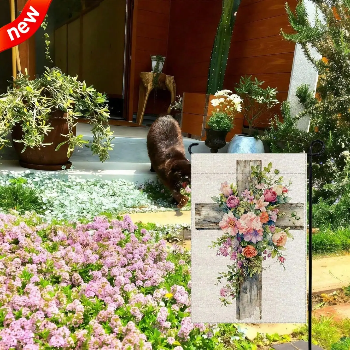 

Вдохновляющий религиозный пасхальный садовый флаг с двусторонним христианским крестом, уличный декор с текстурой мешковины, для весеннего и летнего оформления двора