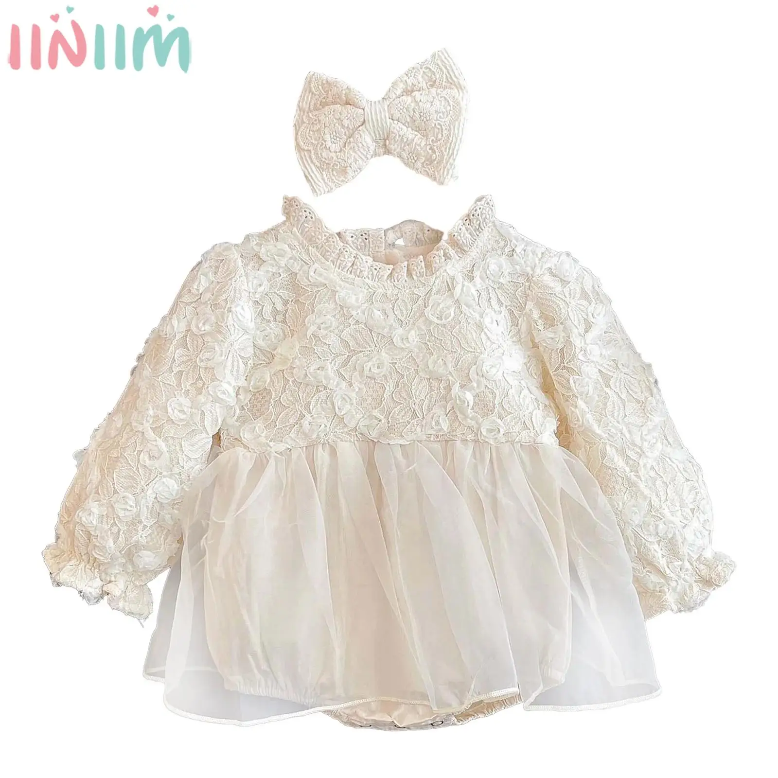 

Милые милые комбинезоны для маленьких девочек, платье принцессы, кружевное бальное платье из тюля с длинными рукавами и цветочным принтом, с повязкой на голову для крещения, дня рождения