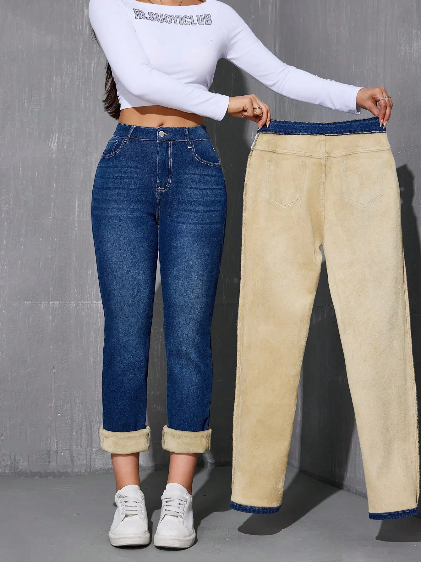 

Женские зимние джинсы с высокой талией, прямым кроем, на флисовой подкладке и с флисовыми манжетами