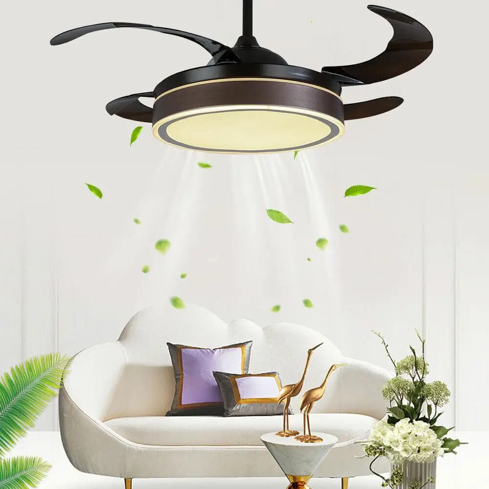 42inch Retractable Brown Ceiling Fan with Lights Invisible Dimmable LED Fan Light 4-Blades 3-Speed/3-Color Changes w/Remote