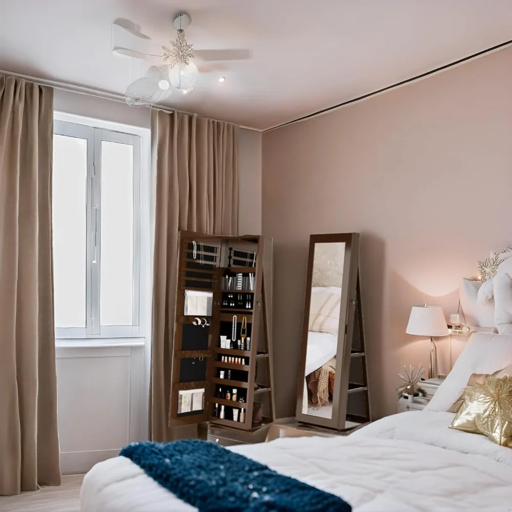 

360° Rotating Full-Length Mirror Jewelry Cabinet, Standing Mirror with Jewelry Storage, Makeup Organizer & Lock