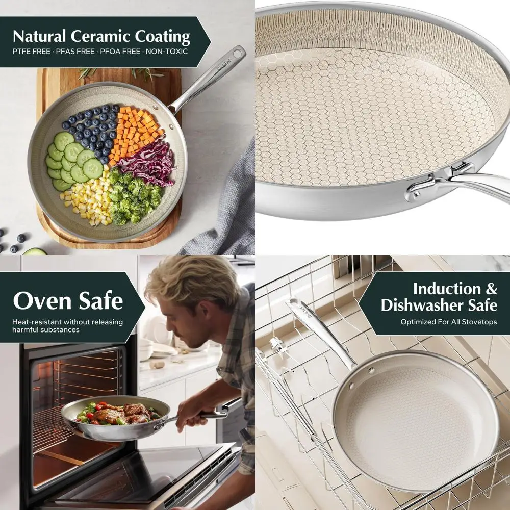 

11-Inch Ceramic Nonstick Fry Pan with Cool Handle, Dishwasher & Oven Safe, Induction Ready, Multi-Ply Steel & Aluminum, Suitable