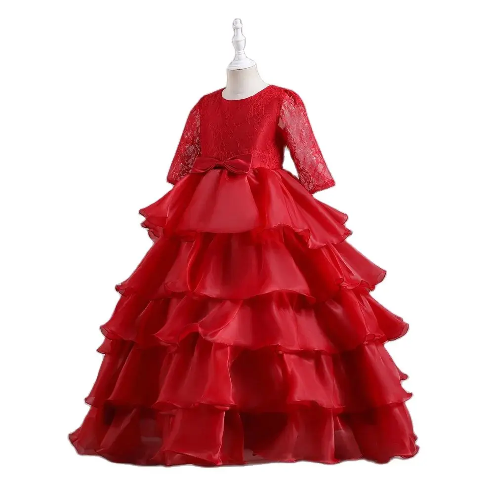 Red Lace Sleeves Children\'s Dress For 3 TO 10 Year Girl Performance Fluffy Dress Large Hem Dress Bow Cake Dress