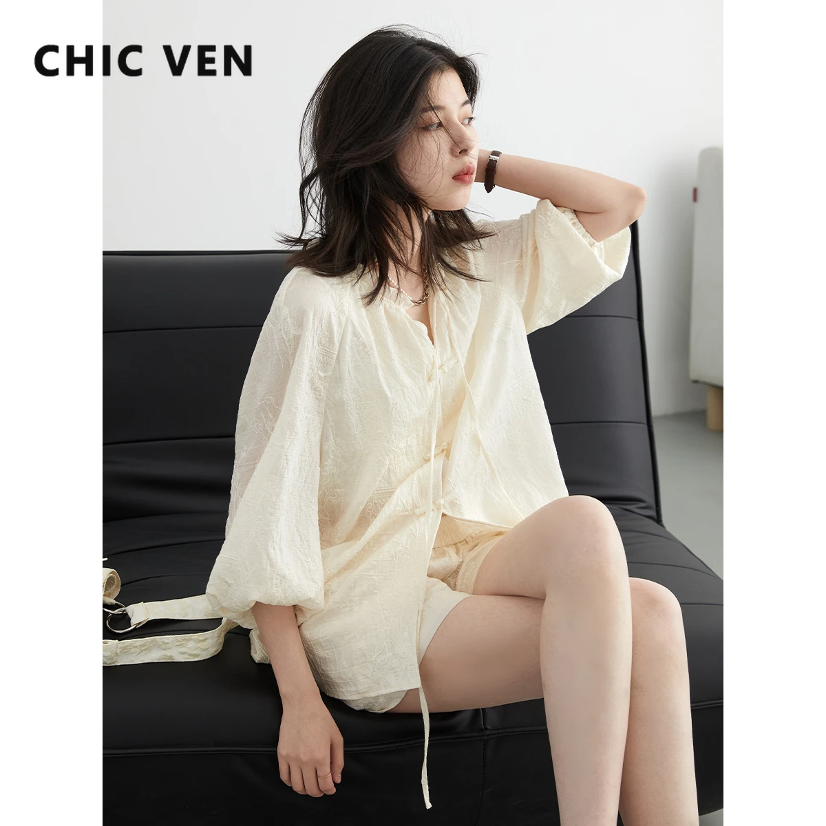 CHIC VEN Women\'s Shirt Loose New Chinese Style Embroidered Shirt Female Blouse High Waisted A Line Shorts Set Summer 2024