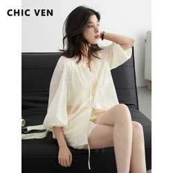 CHIC VEN Women's Shirt Loose New Chinese Style Embroidered Shirt Female Blouse High Waisted A Line Shorts Set Summer 2024