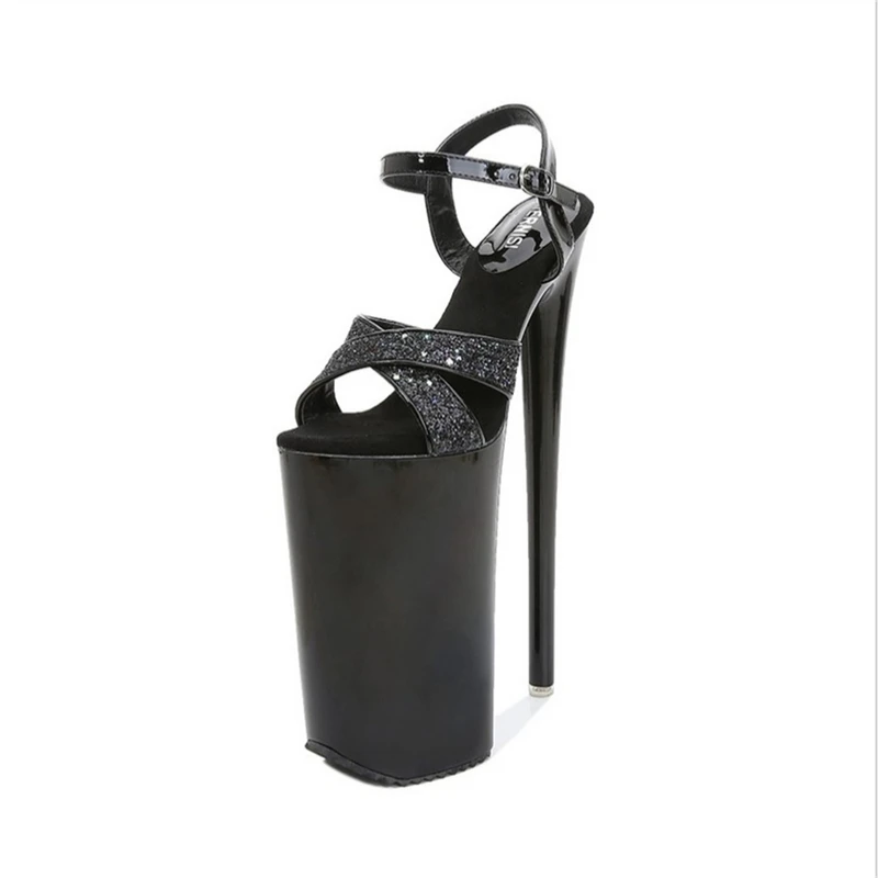 

​26CM Platform Peep Toe Sandals, Patent Leather Glitter Ankle Strap Heels with Extreme Height, Fetish Party Shoes​
