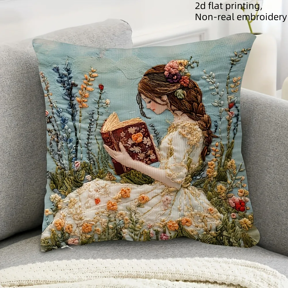 Housse de coussin imprimée 2D enchanteresse: livre de lecture pour fille au milieu du pays des merveilles florales, housse de coussin de canapé, décoration de la maison, impression 2D
