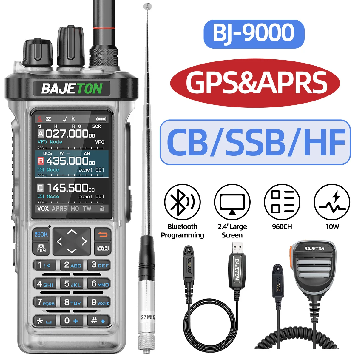 BAJETON BJ-9000 Walkie Talkie CB/SSB/HF 27Mhz Bluetooth Programmeerbare GPS APRS 10W Lange afstand Voor RT-950 RT-950 PRO Ham Radio