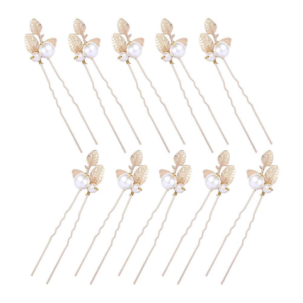 

10pcs Pearl Leaves Hairpin Decorative Pins Gold Tone Bridal Accessories Wedding Party Leaf Shaped U Clips Hair Tools
