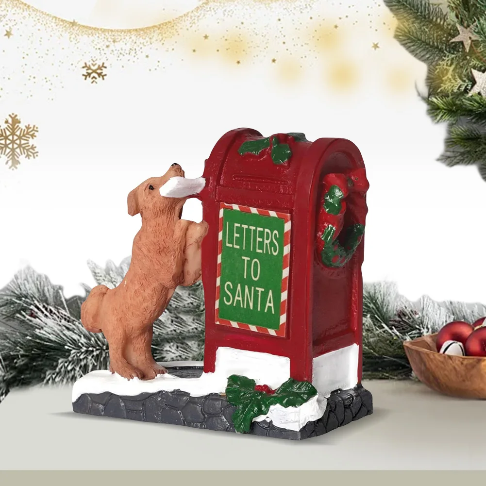 Santa Mailbox Villages Sets Santa Mailbox with Little Dog Sculpture Christmas Village Accessories for Christmas Decoration