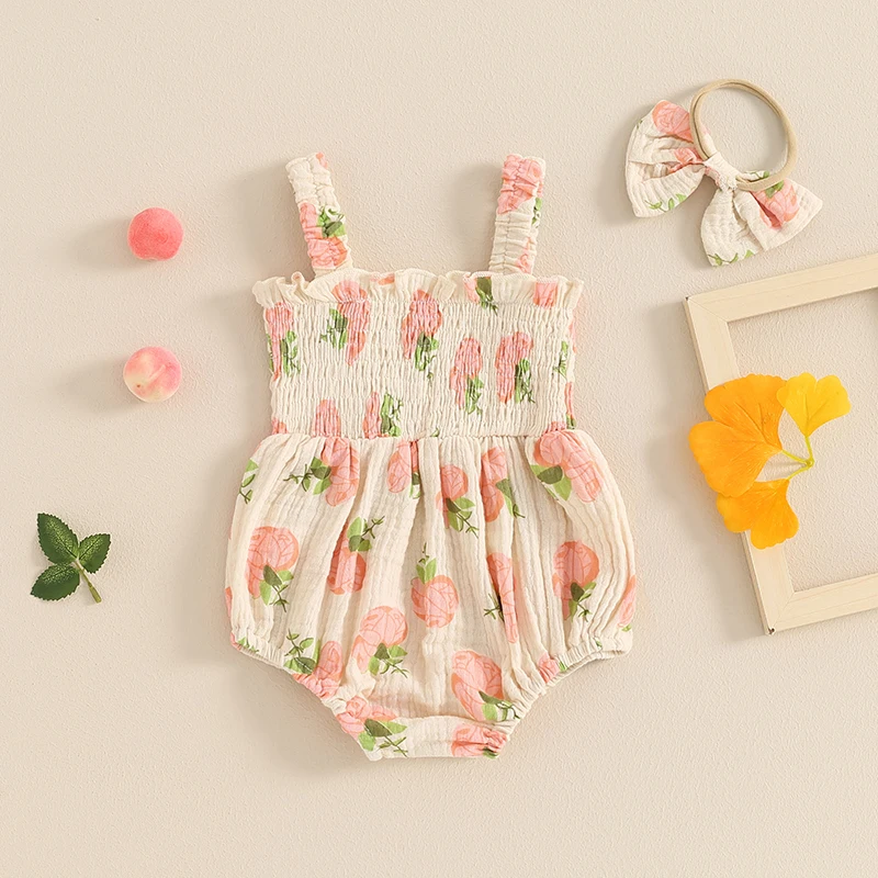 

Toddler Girl 2-Piece Summer Set Sleeveless Watermelon Polka Dot Romper with Matching Bow Headband Infant Clothing Set