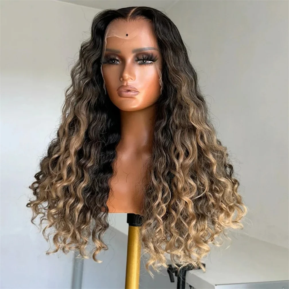 180 الكثافة 26 "ناعمة أومبير شقراء براون غريب مجعد الدانتيل شعر مستعار أمامي للنساء BabyHair غلويليس مقاومة للحرارة