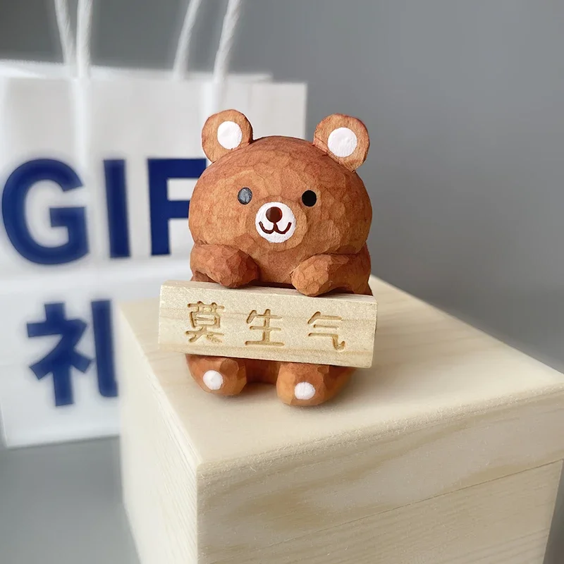 

Mo Angry Bear handmade carved wood ornament office desktop car decoration decompression cure cute apology gift