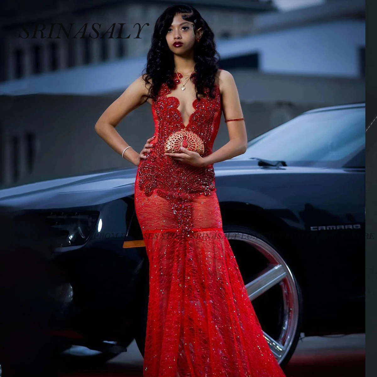 흑인 소녀를위한 맞춤형 라인 석 레이스 인어 댄스 파티 드레스 다이아몬드 반짝이 민소매 크리스탈 구슬 이브닝 가운 가운