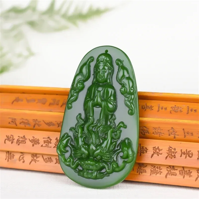 

Natural Green Hand-Carved Jade Dragon Head Guanyin Jade Pendant, Domed Dragon Head Guanyin Pendant Male Jade Pendan Necklace