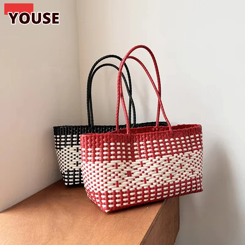 

Women Color Block Woven Tote Bag Two Tone Striped Handmade Basket Handbag Large Capacity Casual Shopping Shoulder Bag for Beach