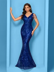 XUIBOL Elegant V-Neck Beading Sequin Evening Dress Long New Luxury Women Formal Mermaid Dress Party Prom Cocktail Gowns