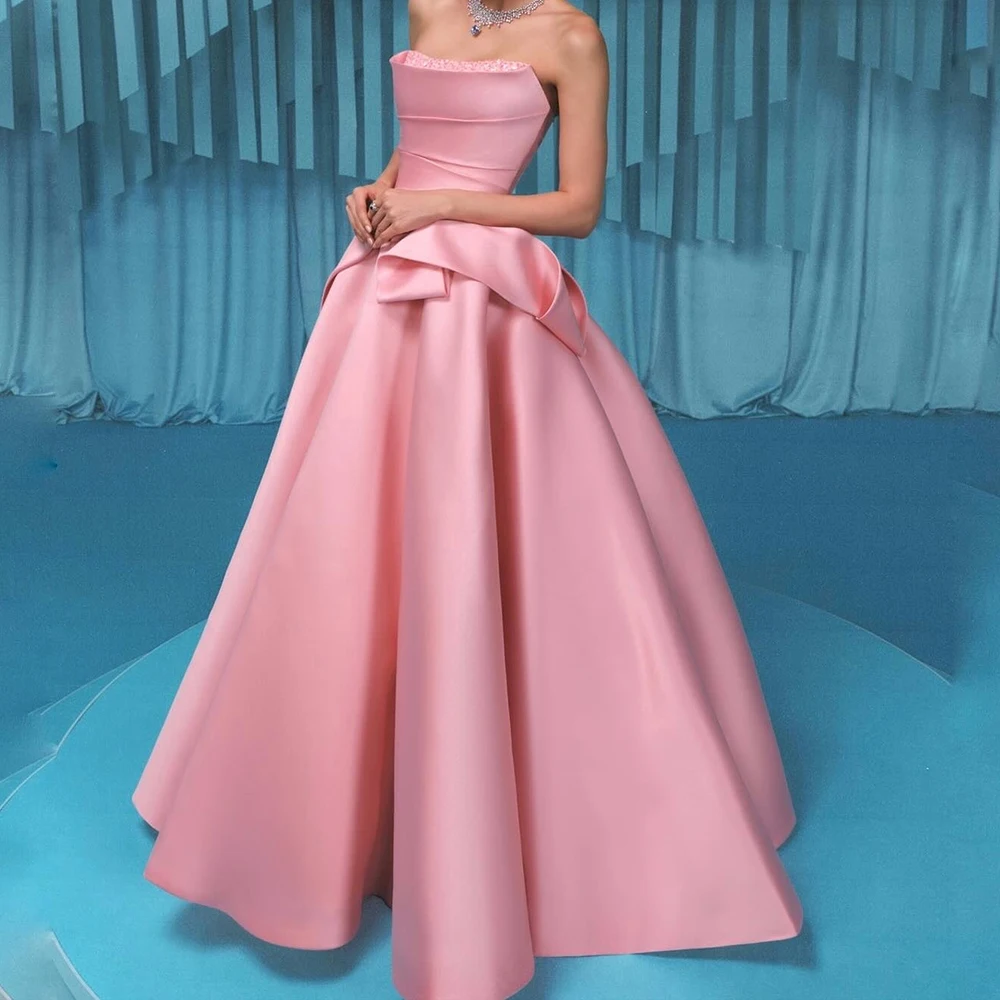 

Customized A-line Evening Dresses Floor-length Strapless Sleeveless Prom Gown Fashion Sequined Pleat Simple Draped Party Gown