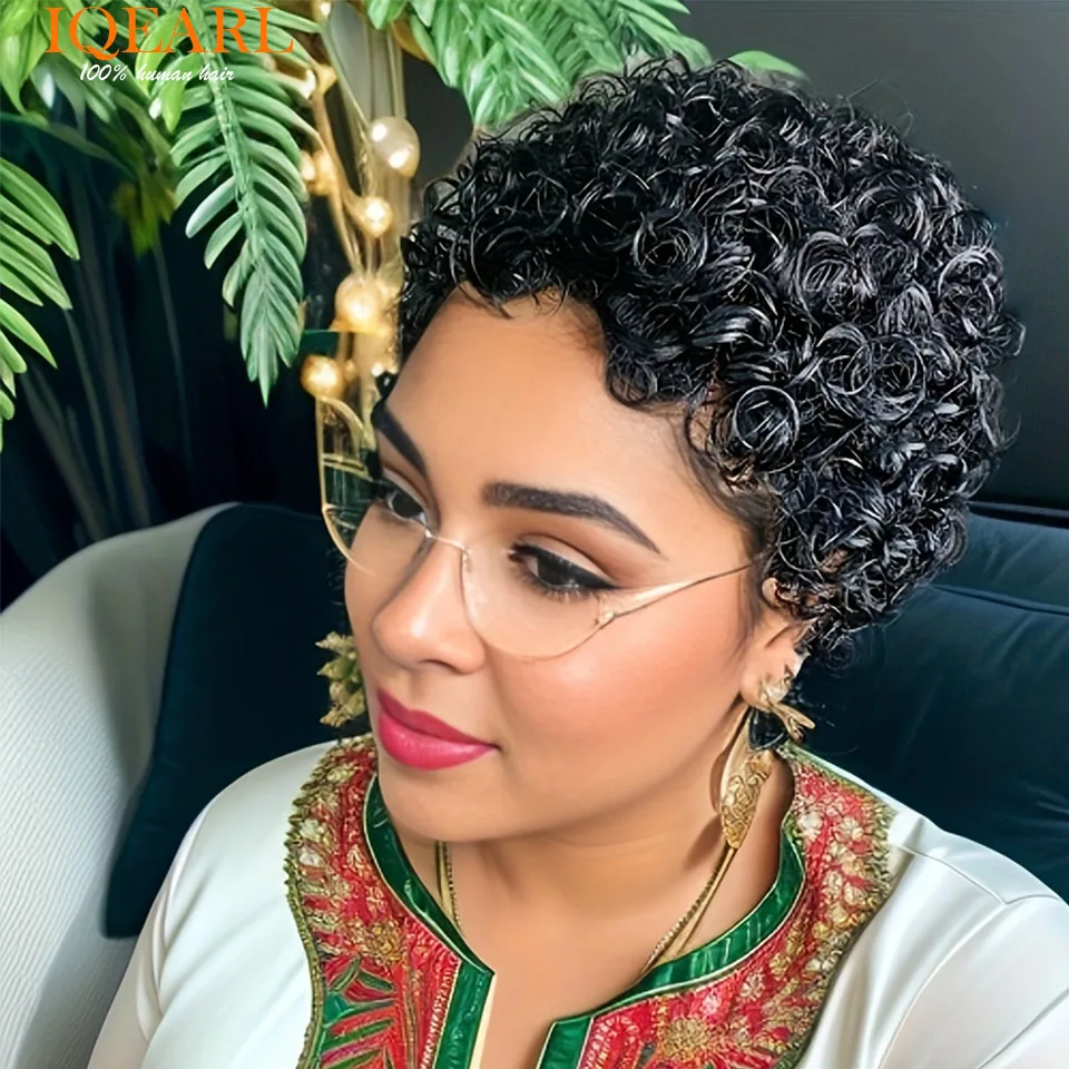 Wig rambut keriting ikal Afro pendek untuk wanita hitam Wig berbulu Afrika rambut manusia dengan poni Wig mesin rambut potongan Pixie Brasil