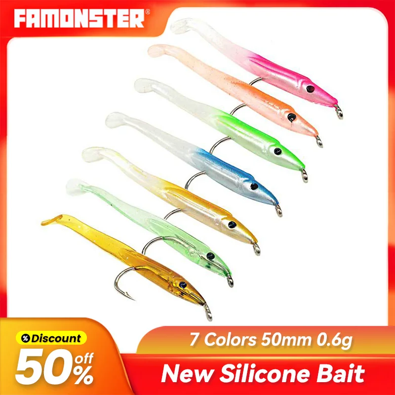 Famonster Fishing Lure Eel 50mm/0.6g Single T-tail Soft Bait   Bionic Artificial Luminous Portable Lead Jig Hook Head Worm Barbe