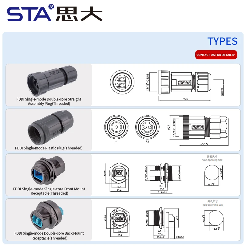 Waterproof FDDI Single-mode Plastic Plug Threaded Type IP67 High Speed Fiber Optic Connector for LED Screen Medical Equipment