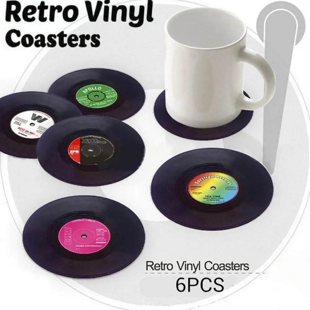 6Pcs Record Coaster Retro Vinyl Record Cup Coaster Anti-slip Heat Resistant Music Drink Mug Mat Coffee Coasters Table Placemat