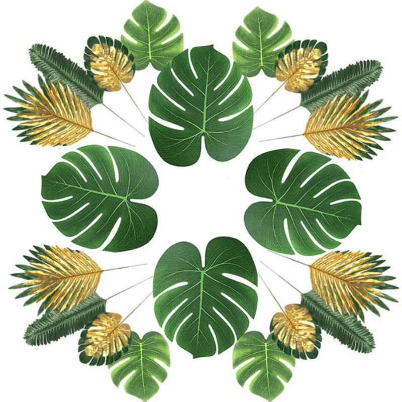

Artificial Tropical Palm Leaves Green Gold Plant Leaves Jungle Party Decoration Summer Wedding Birthday Party Table Setting